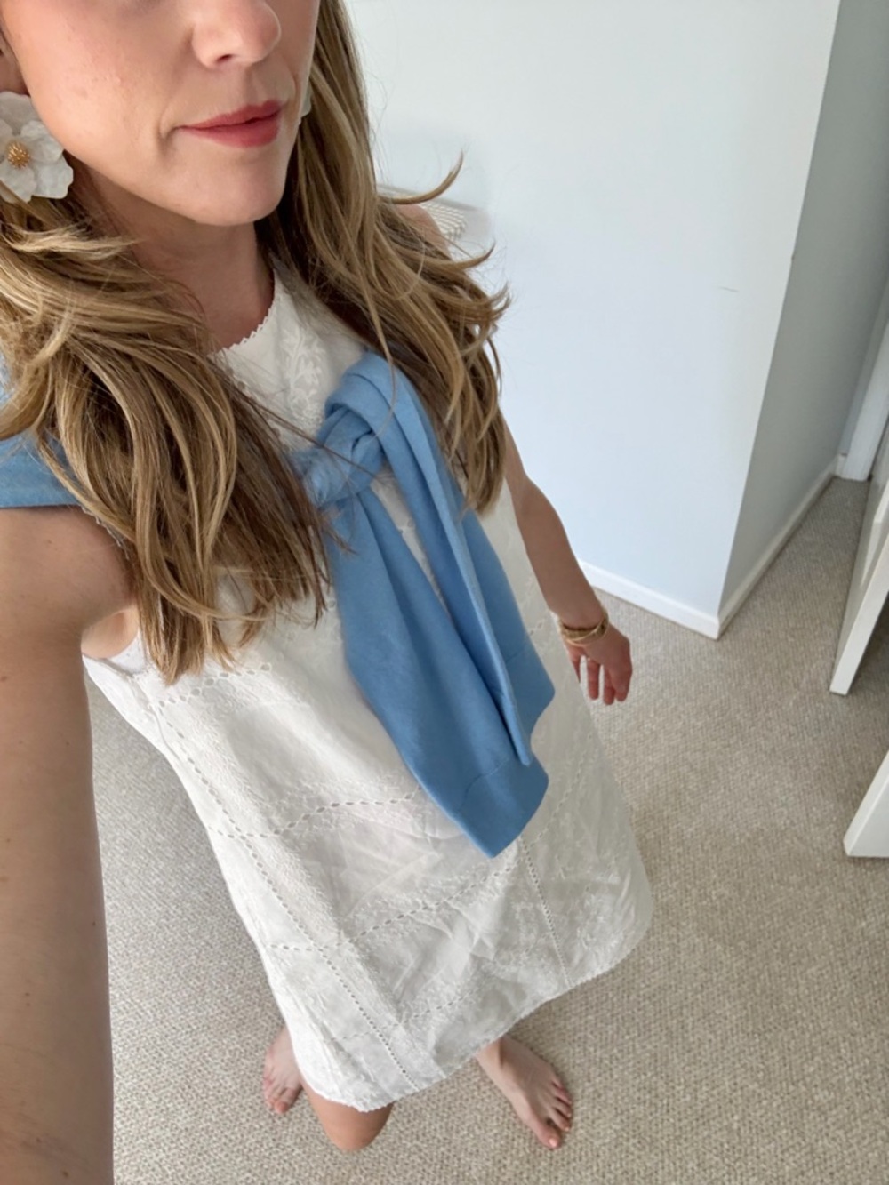 H&M White Eyelet Sleeveless Tunic with Light Blue Sweater Accent